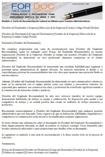 Modelo 2 Carta de Recomendación Laboral en México para Puestos Administrativos - fordoc.info