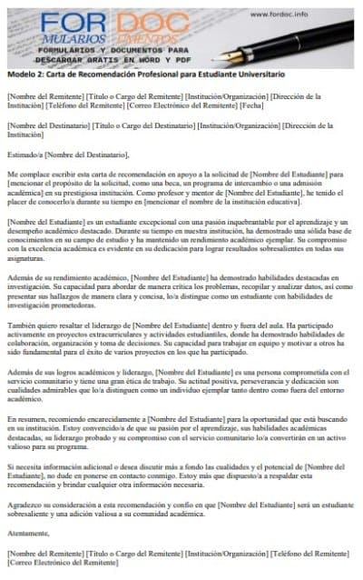 Modelo 2 Carta de Recomendación Profesional para Estudiante Universitario - fordoc.info