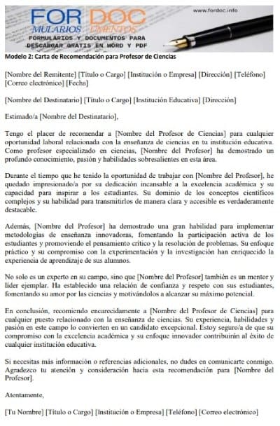 Modelo 2 Carta de Recomendación para Profesor de Ciencias - fordoc.info