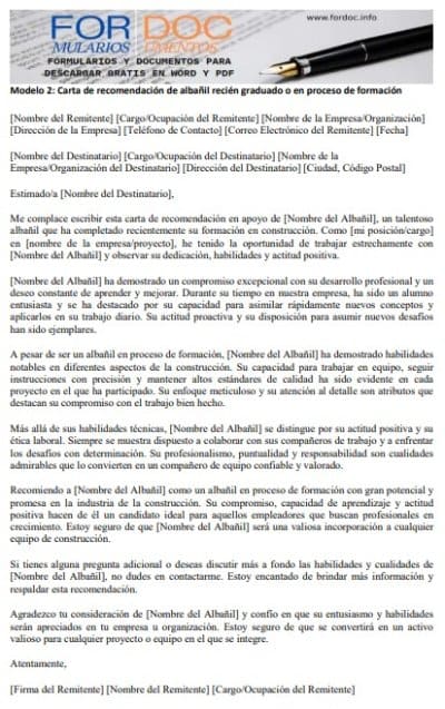 Modelo 2 Carta de recomendación de albañil recién graduado o en proceso de formación - fordoc.info