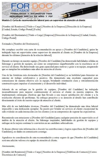 Modelo 2 Carta de recomendación laboral para un supervisor de atención al cliente - fordoc.info