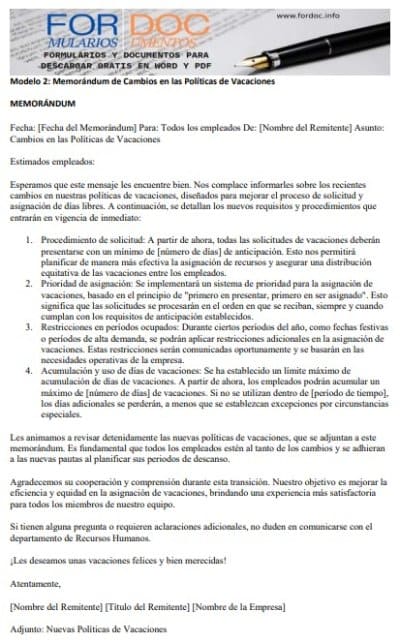 Modelo 2 Memorándum de Cambios en las Políticas de Vacaciones - fordoc.info