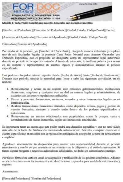 Modelo 3 Carta Poder Notarial para Asuntos Generales con Duración Específica - fordoc.info