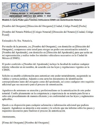 Modelo 3 Carta Poder para Trámites Vehiculares CDMX con Autenticación Notarial - fordoc.info