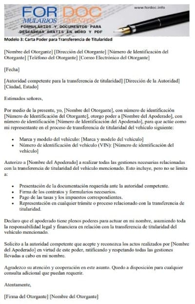 Modelo 3 Carta Poder para Transferencia de Titularidad - fordoc.info