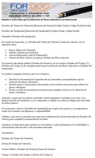 Modelo 3 Carta Poder para la Obtención de Placas Vehiculares con Notarización - fordoc.info