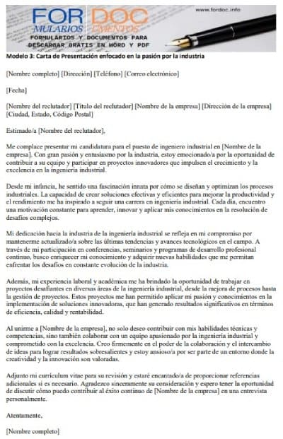 Modelo 3 Carta de Presentación para Ingeniero Industrial enfocado en la pasión por la industria.info