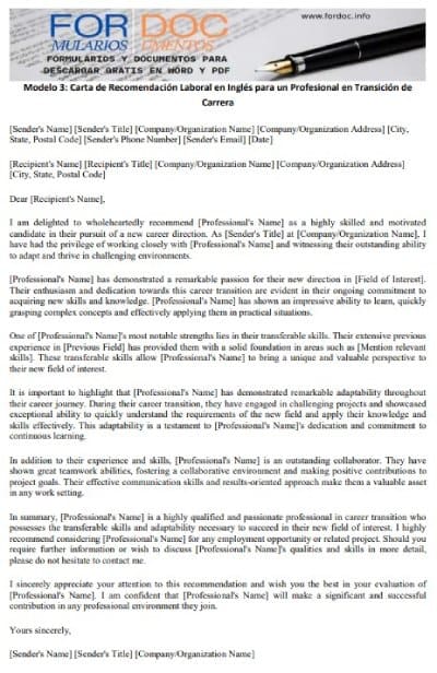 Modelo 3 Carta de Recomendación Laboral en Inglés para un Profesional en Transición de Carrera - fordoc.info