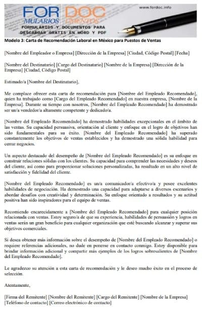 Modelo 3 Carta de Recomendación Laboral en México para Puestos de Ventas - fordoc.info