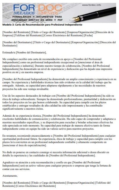 Modelo 3 Carta de Recomendación para Profesional Independiente - fordoc.info