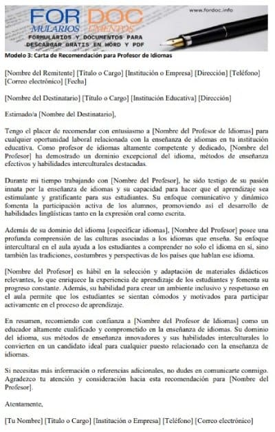 Modelo 3 Carta de Recomendación para Profesor de Idiomas - fordoc.info