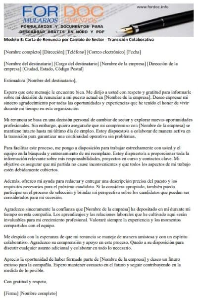 Modelo 3 Carta de Renuncia por Cambio de Sector - Transición Colaborativa - fordoc.info