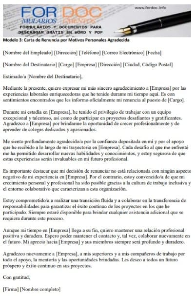 Modelo 3 Carta de Renuncia por Motivos Personales Agradecida - fordoc.info