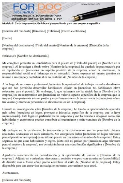 Modelo 3 Carta de presentación laboral personalizada para una empresa específica - fordoc.info