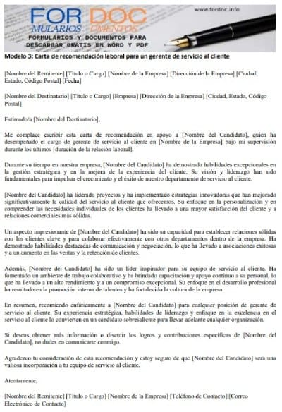 Modelo 3 Carta de recomendación laboral para un gerente de servicio al cliente - fordoc.info
