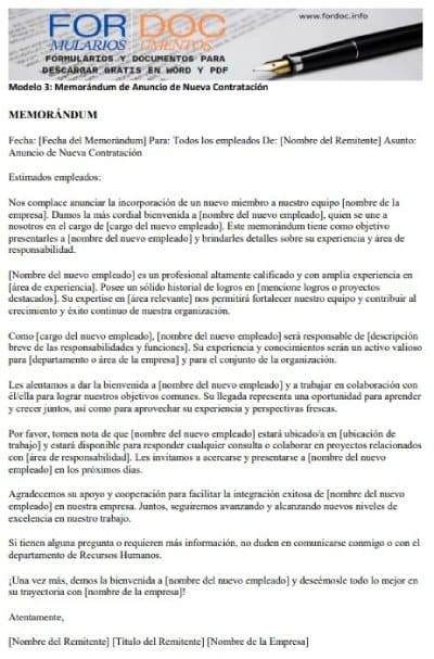 Modelo 3 Memorándum de Anuncio de Nueva Contratación - fordoc.info