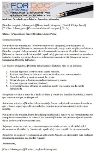 Modelo 4 Carta Poder para Trámites Bancarios en Colombia - fordoc.info