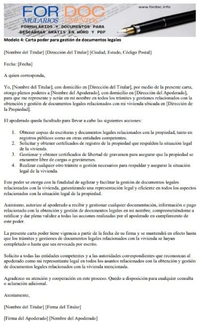 Modelo 4 Carta poder para gestión de documentos legales - fordoc.info