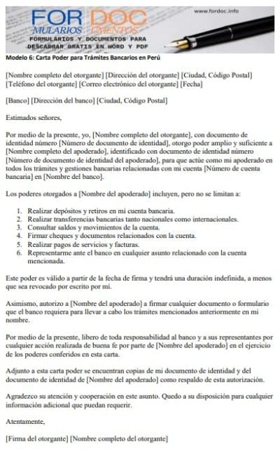 Modelo 6 Carta Poder para Trámites Bancarios en Perú - fordoc.info